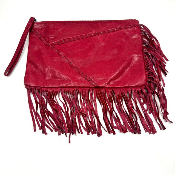 HOBO Red Leather Wristlet Clutch with Studs & Fringe Detail Excellent Condition - Picture 1 of 12